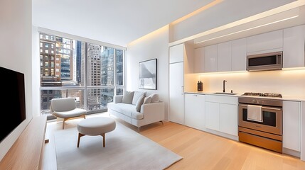 Fototapeta premium Open-concept studio with chic furnishings, sleek kitchen area, marketing focus