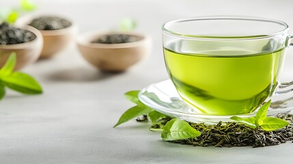 Organic detox tea ad, green tea in glass cup, surrounded by raw ingredients, minimalist text space, clean and refreshing atmosphere