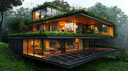 modern house with green roof and solar panels, surrounded by trees, showcases sustainable living and contemporary design