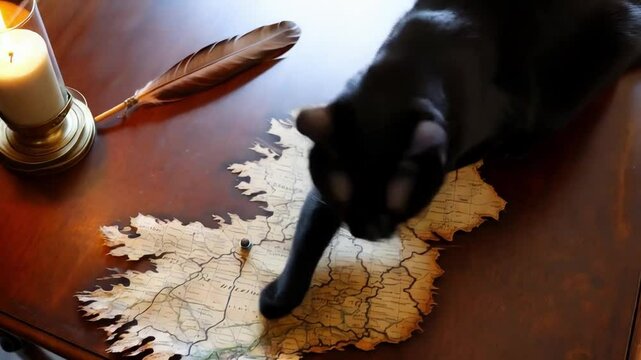 Black Cat Explores Map of Ireland While Candlelight Flickers and a Feather Rests Nearby