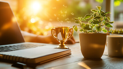 professional celebrating milestone with trophy, laptop, and plant