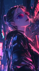 Fototapeta premium A neon-themed anime wallpaper featuring a woman wearing glasses, set in a futuristic atmosphere.