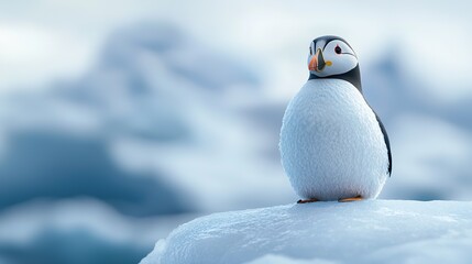 A unique Arctic seabird, like a puffin, perched on an ice shelf, ready to dive into the ocean