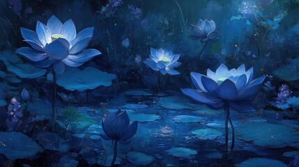Serene Blue Lotus Blooms In Nocturnal Pond
