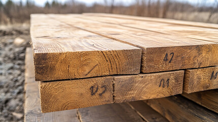 A close-up of a stack of wooden boards at a warehouse with blurred background creating a sense of chaos and rawness, offering a space for captions or messages on the side


