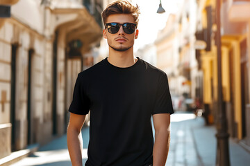 A stylish young man in sunglasses stands confidently on a sunlit urban street.