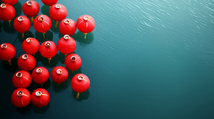 Fototapeta premium serene view of river filled with floating red lanterns, creating tranquil atmosphere