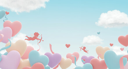 Pastel Heart Balloons, Cupid, Valentine's Day, Romantic Sky Background