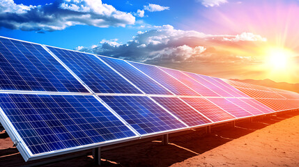 solar farm in desert with large panels absorbing sunlight, showcasing renewable energy