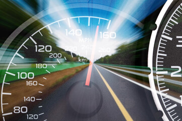Car speedometer. High speed on a car speedometer and motion blur.