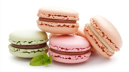 Obraz premium Group of colorful macaroons neatly stacked on an isolated white background, vibrant tones and professional studio lighting