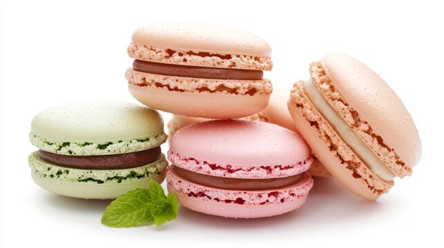 Group of colorful macaroons neatly stacked on an isolated white background, vibrant tones and professional studio lighting