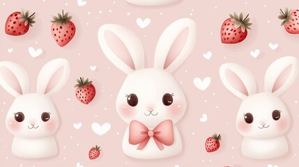 Hand-drawn-style rabbits, each uniquely paired with a strawberry or bow, creating a delightful pattern on a soft pink background