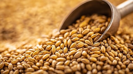 Heaps of beer malt grains with a scoop deeply immersed, showcasing the natural color and tactile quality of the brewing ingredient