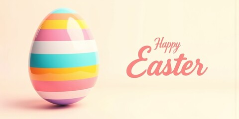Colorful striped easter egg with "happy easter" text on pastel background