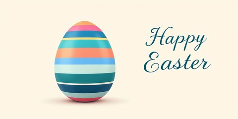 Vibrant striped easter egg with "happy easter" text on soft background
