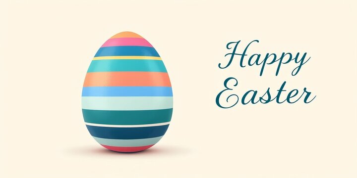 Vibrant striped easter egg with "happy easter" text on soft background