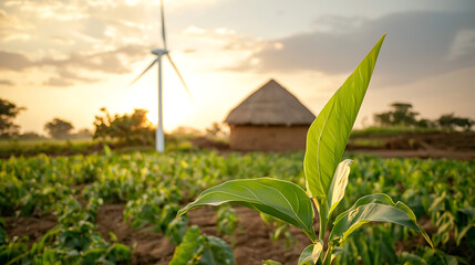 Obraz premium wind powered water pump enhances agriculture in rural village, showcasing green crops and traditional hut