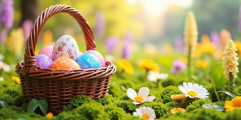 Colorful easter eggs in wicker basket amid lush spring flowers in sunlit garden