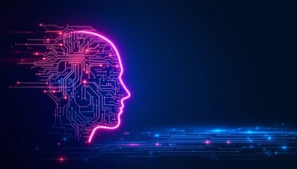 Futuristic neon ai circuitry concept with human head outline