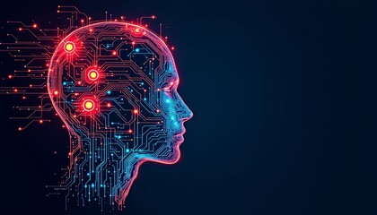 Obraz premium Digital human brain with circuitry in neon lights on dark background