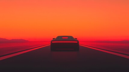 Fototapeta premium A sleek car speeding down a long, open highway with the sun setting on the horizon, illuminating the sky with orange hues