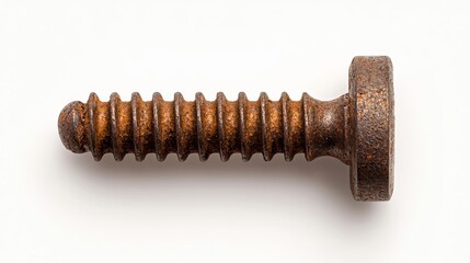 Close-up of a single rusty wood screw on a pristine white background, fine texture details of oxidation, isolated hardware concept
