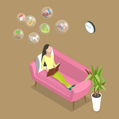 3D Isometric Flat Vector Illustration of Reading Lover, Grow Creative Imagination