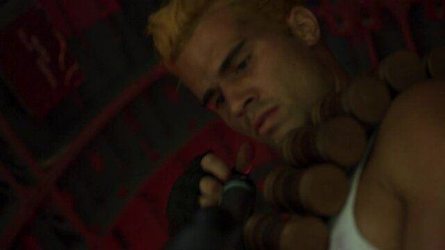 Moody silhouette of yellow haired guy in helicopter - close up, low shot