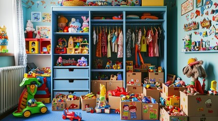 Child's room toy storage organization, colorful, packed boxes