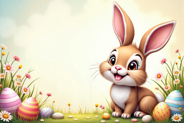 A cheerful bunny with large ears sits in a lush meadow filled with colorful Easter eggs and blooming daisies, evoking the spirit of Easter.