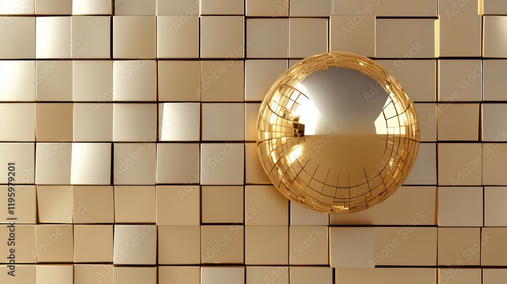 Poster golden sphere rests on a grid of gold cubes.