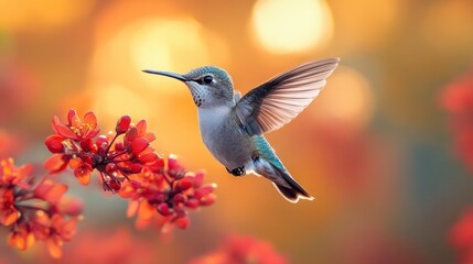 Fototapeta premium Hummingbird in Flight Near Red Blossoms