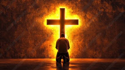 Man Kneeling, Fiery Cross, Wall, Prayer, Faith