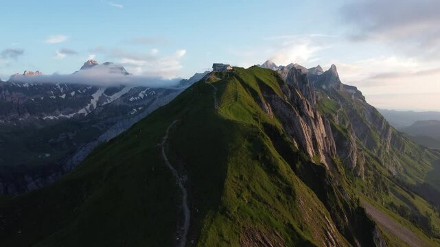Hut at golden hour in Swiss alp