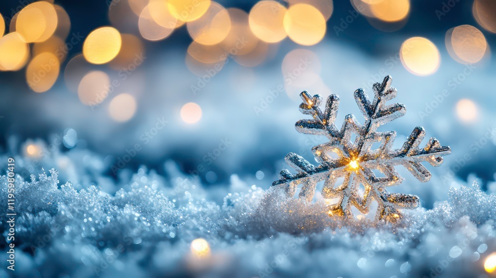 Poster Glowing silver snowflake in snowy scene with bokeh lights.