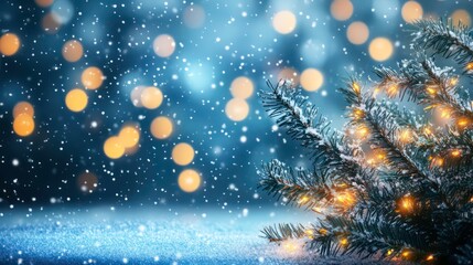 Naklejka premium Snowy Christmas tree branch with warm lights and bokeh background.