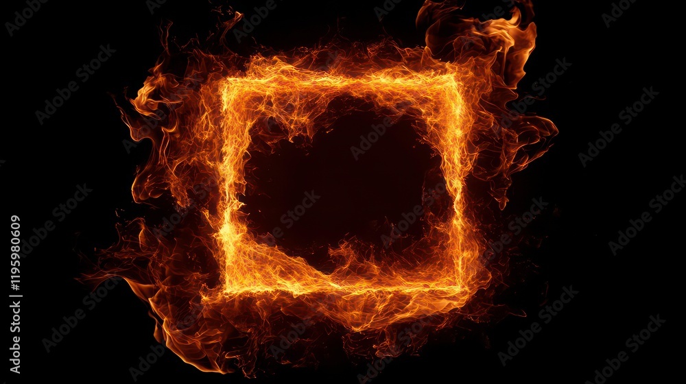 Poster fiery square frame with burning edges on black background.