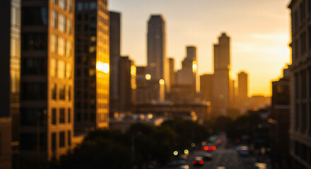 Golden Hour Cityscape: Blurred Urban Sunset Panorama