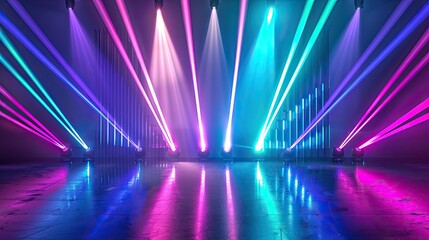 Neon laser lights illuminate a dark, reflective floor.