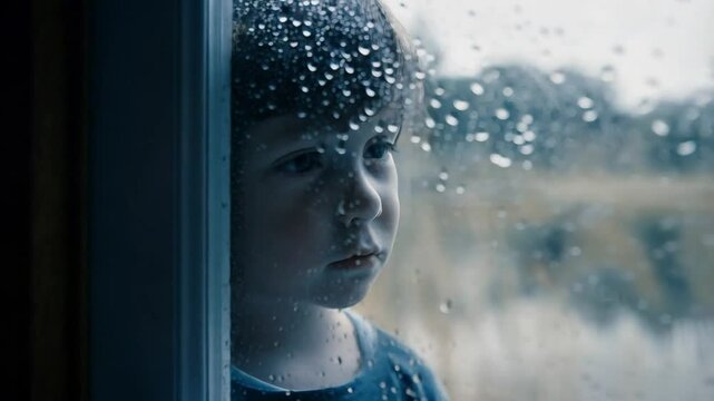 Child Gazes Longingly out Window as Rain Cascades Down Glass During a Gloomy Afternoon in a Quiet Neighborhood