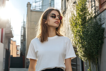 A young woman in a white t-shirt and sunglasses walking in an urban alleyway.