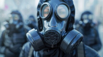 Man wearing a gas mask standing in an urban environment during a hazardous situation or emergency