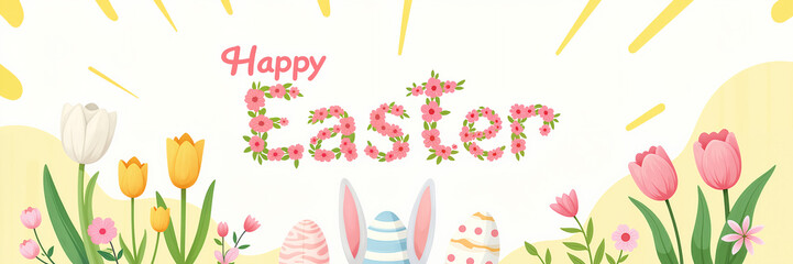 Naklejka premium A festive Easter scene with colorful tulips, decorated eggs, and bunny ears. Happy Easter is written in pink floral letters. Sun rays and pastel colors create a cheerful holiday atmosphere.