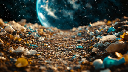 Earth seen from space with plastic waste scattered on one side symbolizing environmental chaos and the urgency of Earth Day, blank space for caption, focus on sustainability and conservation efforts

