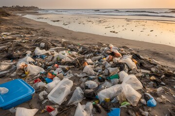 View of a polluted beach, Trash on the beach