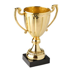 A golden trophy cup with handles, isolated on a transparent background.