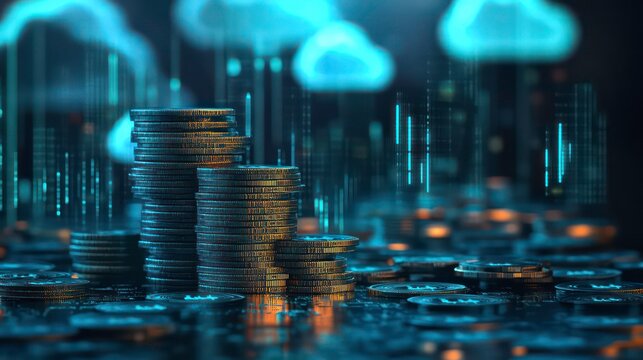 Stacks of coins against a backdrop of digital data and cloud computing. - Powered by Adobe