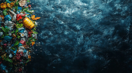 Earth seen from space with plastic waste scattered on one side symbolizing environmental chaos and the urgency of Earth Day, blank space for caption, focus on sustainability and conservation efforts

