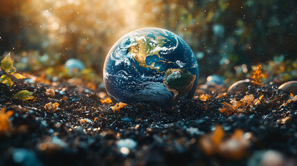 Earth seen from space with plastic waste scattered on one side symbolizing environmental chaos and the urgency of Earth Day, blank space for caption, focus on sustainability and conservation efforts

